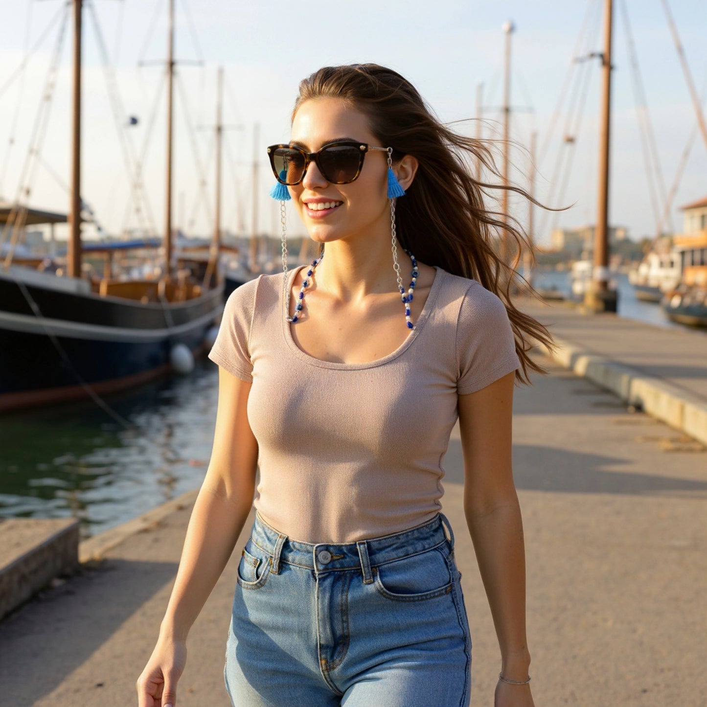 Elegant Blue Eyes Sunglasses Stainless Steel Chain for Women