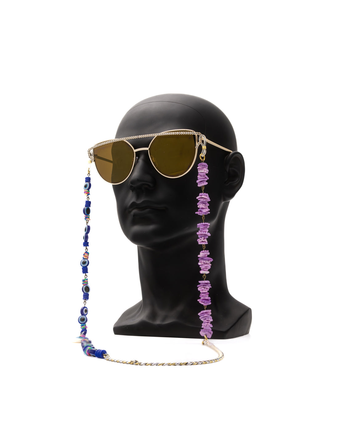 Mystique Luxe: Gold-Silver Eyewear Chain with Evil Eye Charms & Purple Gemstones