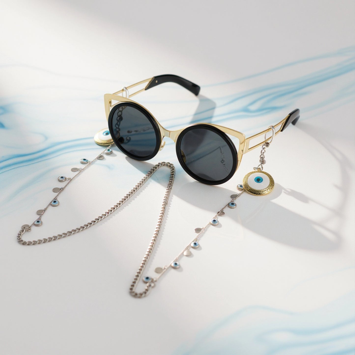 Elegant Big Eyes Sunglasses Stainless Steel Chain for Women
