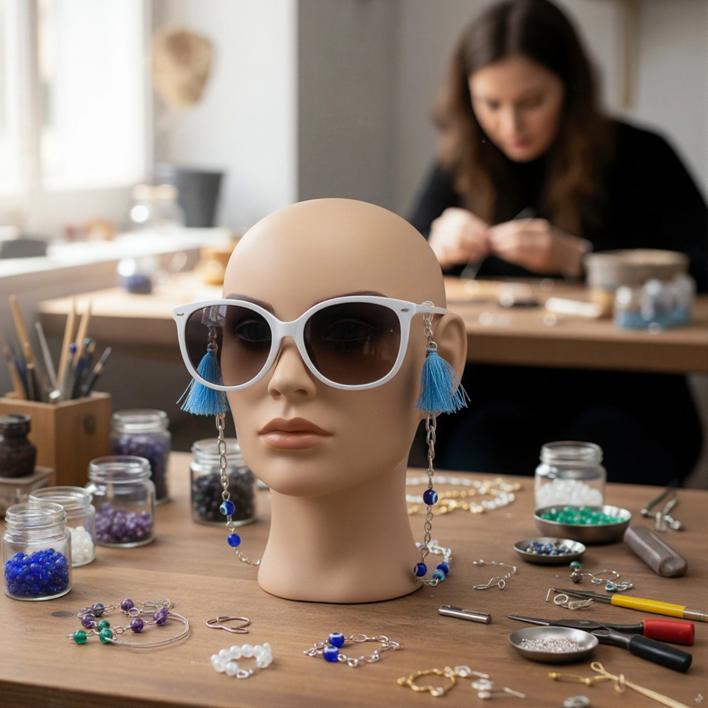 Elegant Blue Eyes Sunglasses Stainless Steel Chain for Women