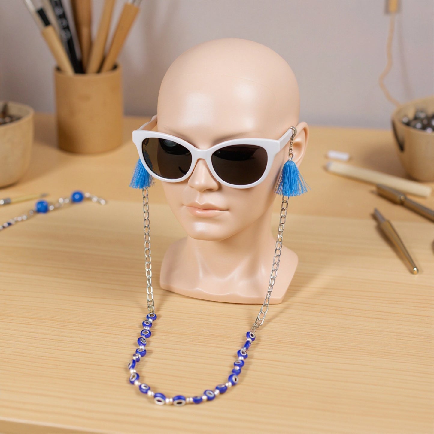 Elegant Blue Eyes Sunglasses Stainless Steel Chain for Women