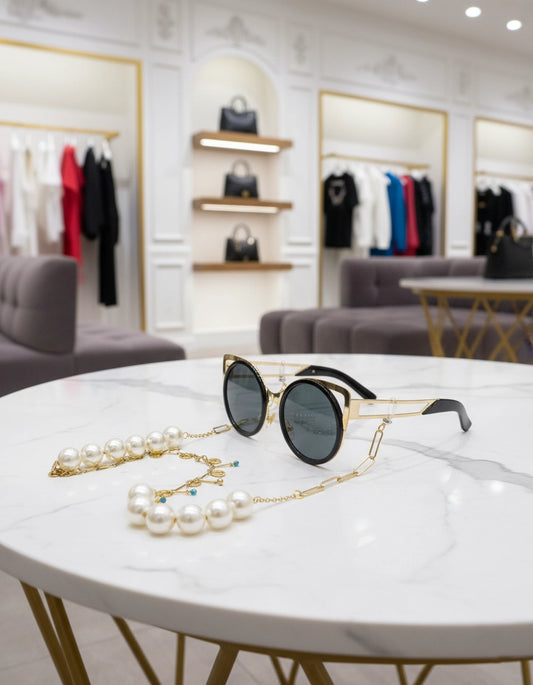 Elegant Gold and Pearl Sunglasses Stainless Steel Chain for Women