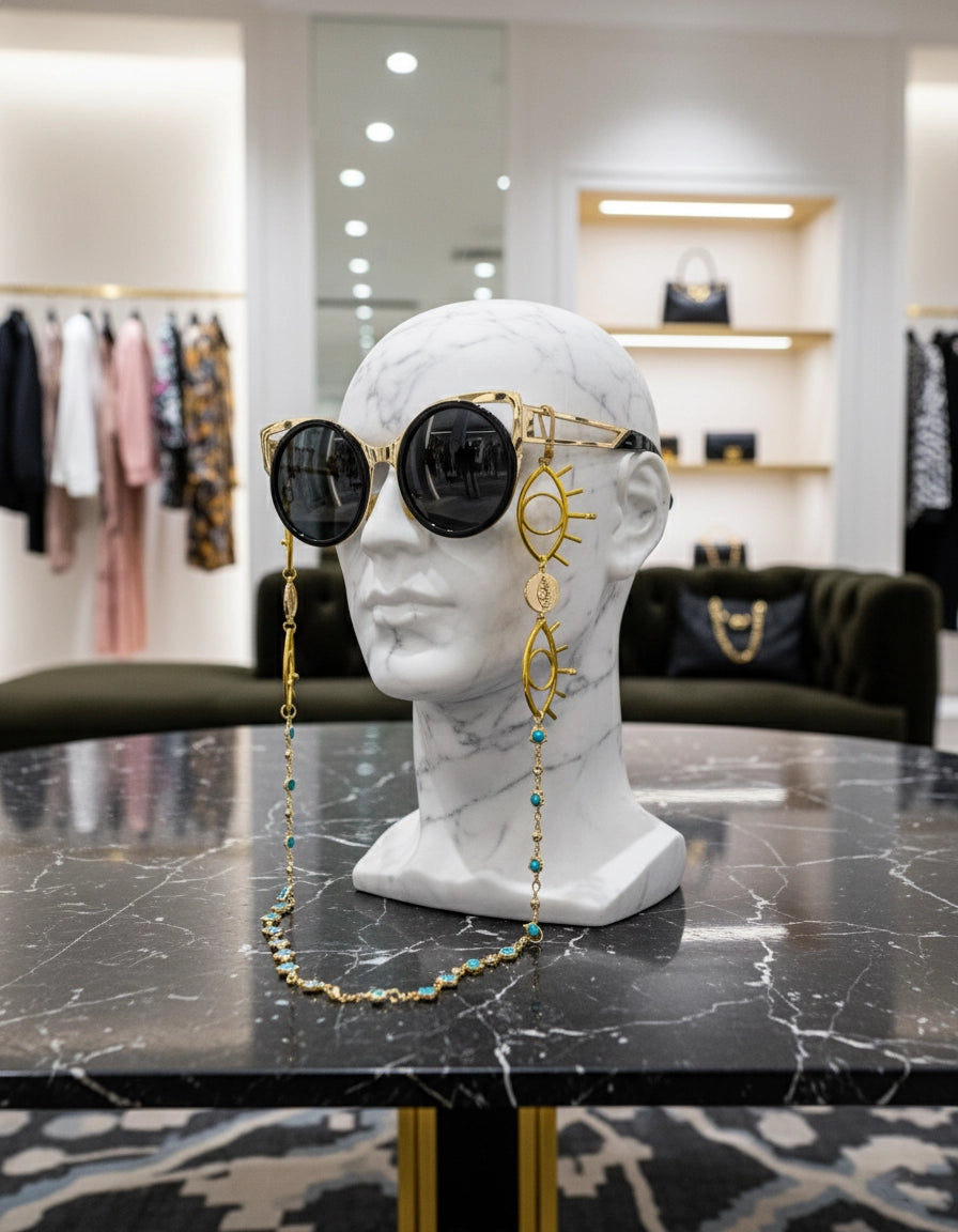 Elegant Golden Eye Sunglasses Stainless Steel Chain for Women