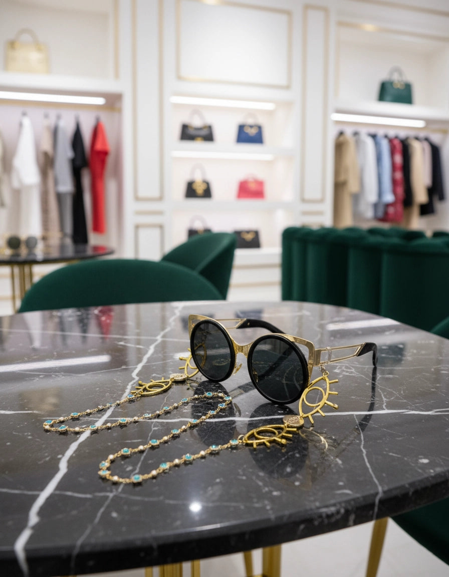 Elegant Golden Eye Sunglasses Stainless Steel Chain for Women