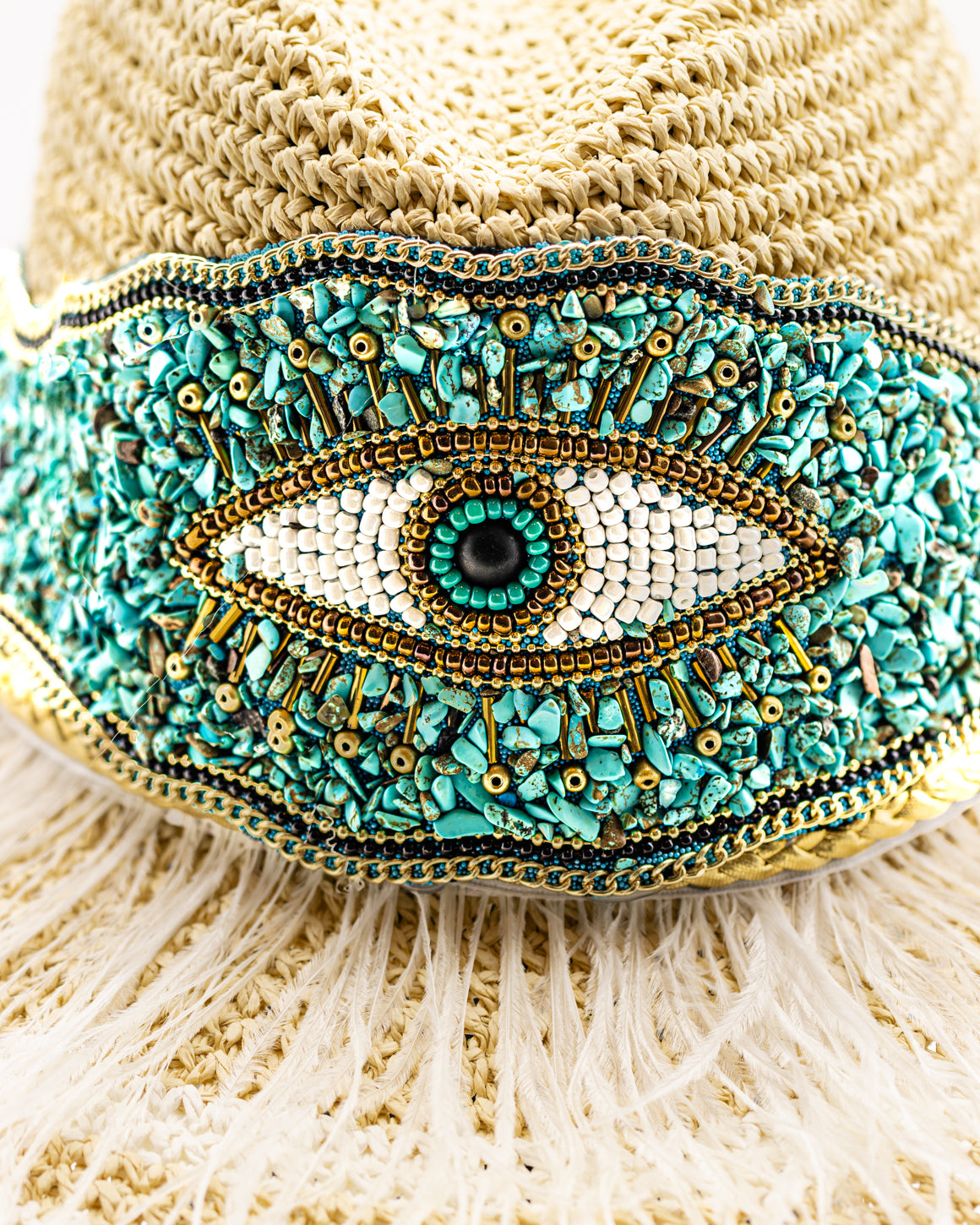 Women's Brim Hat with Greek Evil Eye Bead Decoration & Feather Accents