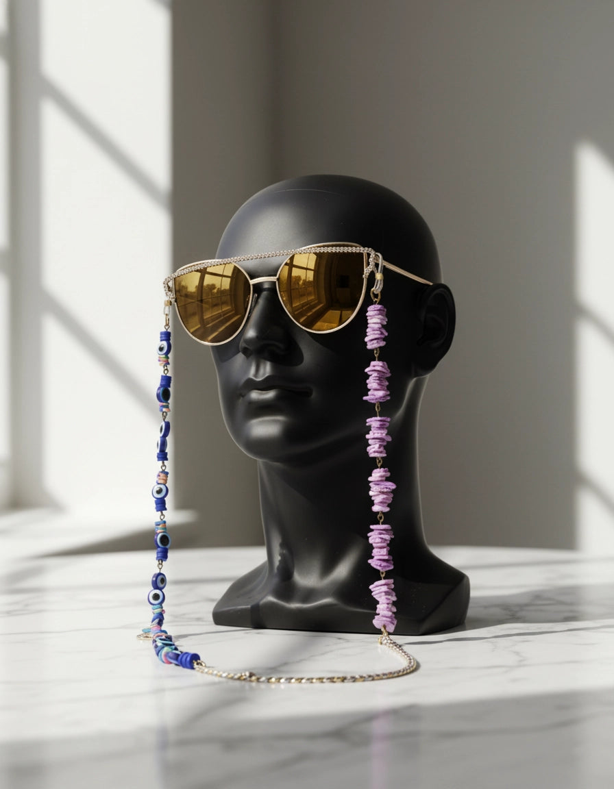Mystique Luxe: Gold-Silver Eyewear Chain with Evil Eye Charms & Purple Gemstones