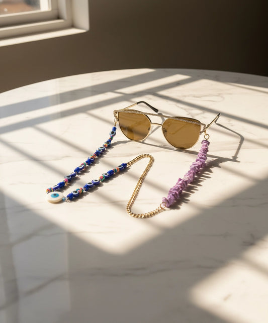 Mystique Luxe: Gold-Silver Eyewear Chain with Evil Eye Charms & Purple Gemstones