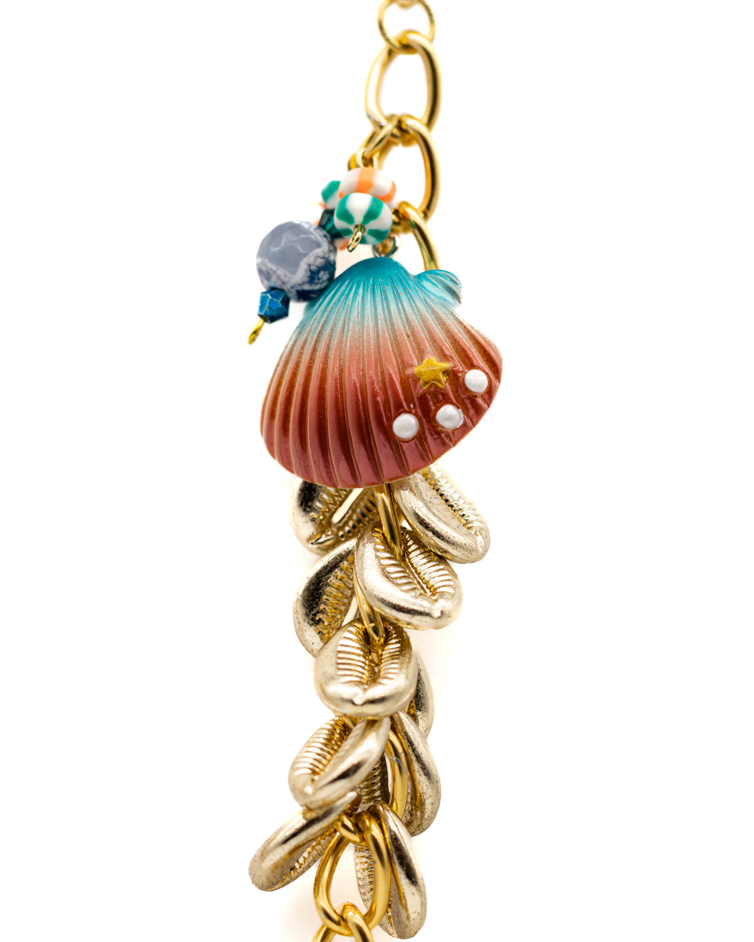 Ocean-Inspired Stainless Steel Eyewear Chain with Sparkling Blue Rods and Scallop Shells