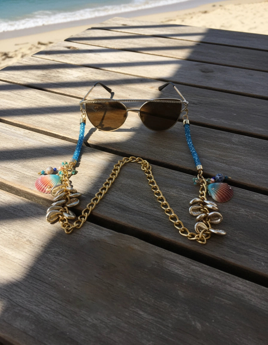 Ocean-Inspired Stainless Steel Eyewear Chain with Sparkling Blue Rods and Scallop Shells