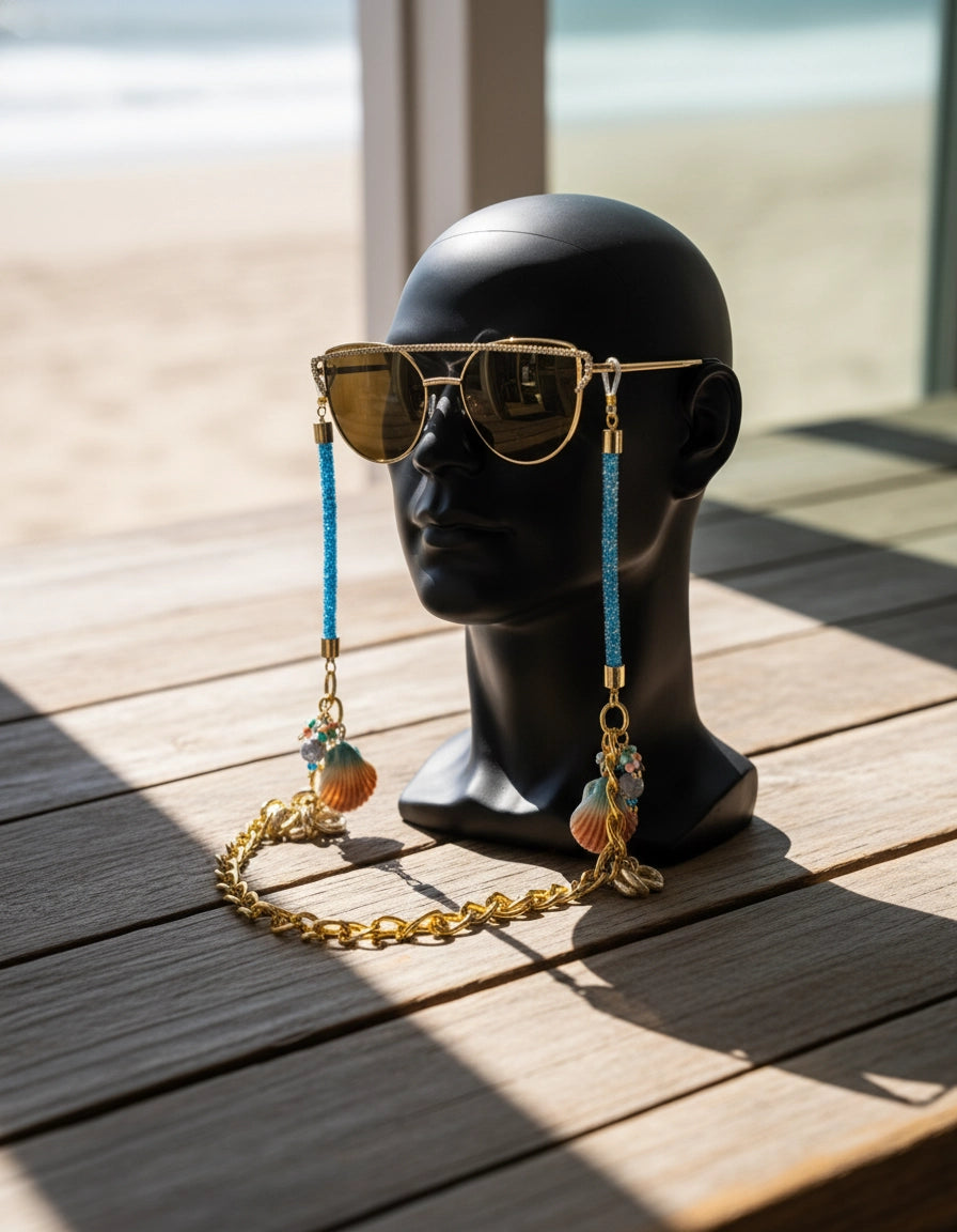 Ocean-Inspired Stainless Steel Eyewear Chain with Sparkling Blue Rods and Scallop Shells