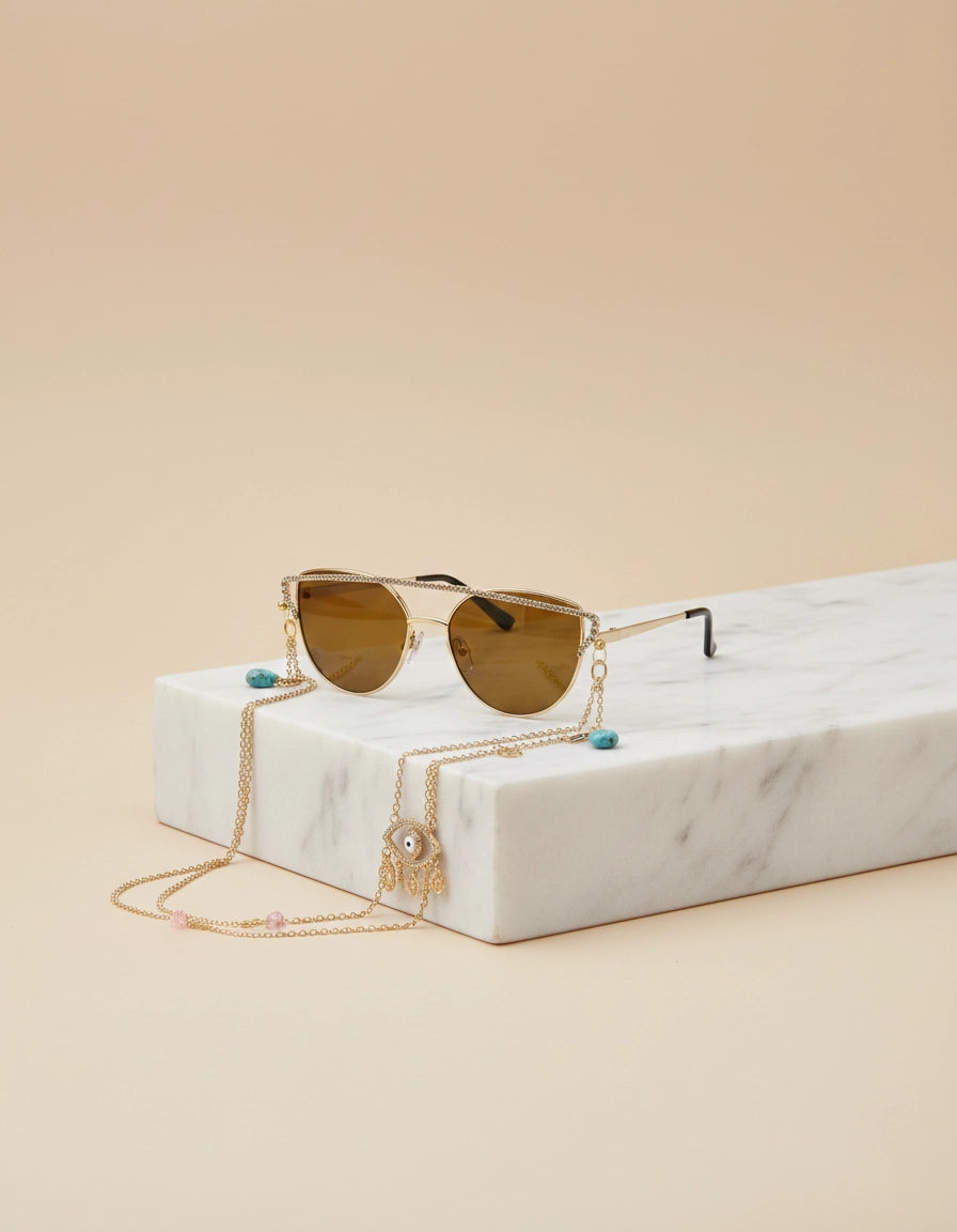 Queen's Secret: Arabian Crystal-Embellished Gold Stainless Steel Eyewear Chain