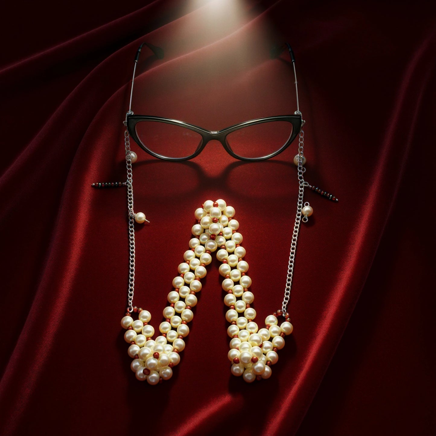 Elegant Radiant White & Red Pearl Eyewear Chain for Women